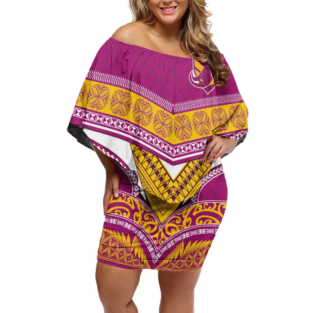 Custom Rugby Niue Off Shoulder Short Dress Hiapo Tribal Heritage Tattoos Pink Color - Polynesian Pride