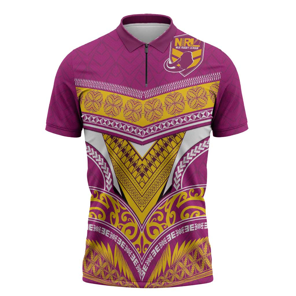 Custom Rugby Niue Zipper Polo Shirt Hiapo Tribal Heritage Tattoos Pink Color - Polynesian Pride