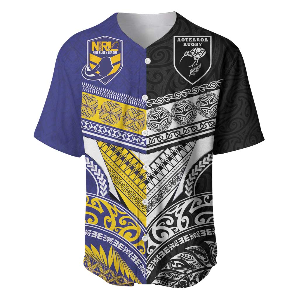Custom Rugby Niue and Aotearoa Baseball Jersey Hiapo with Maori Moko Tribal Heritage Tattoos - Polynesian Pride