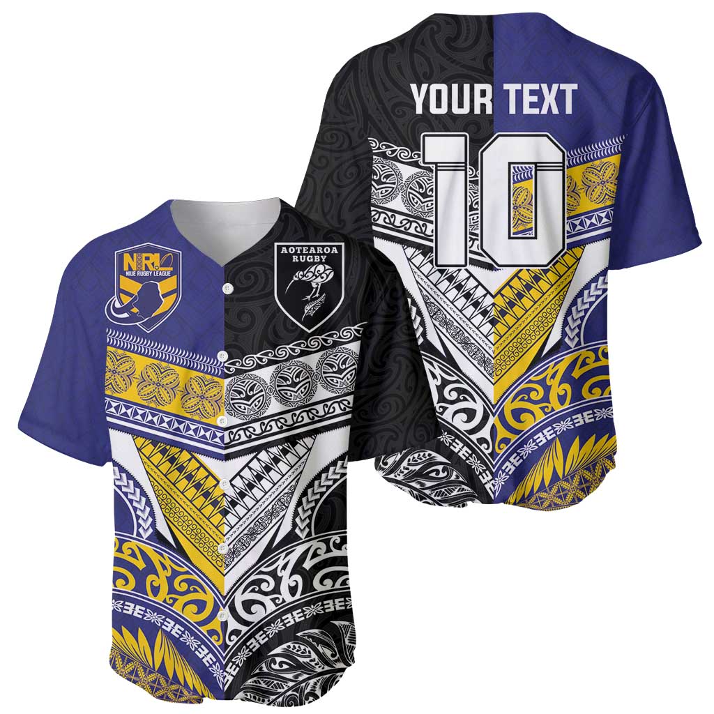 Custom Rugby Niue and Aotearoa Baseball Jersey Hiapo with Maori Moko Tribal Heritage Tattoos - Polynesian Pride