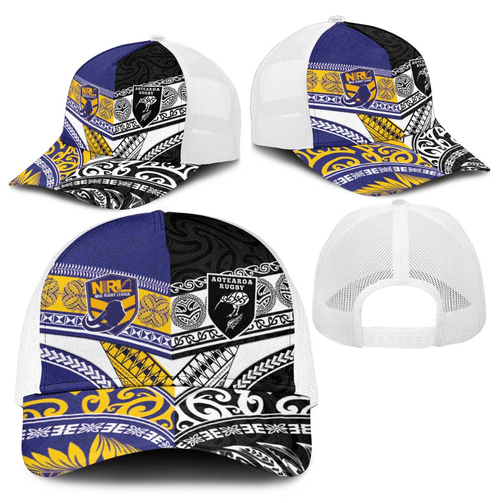 Niue and Aotearoa Rugby Baseball Net Cap Hiapo with Maori Moko Tribal Heritage Tattoos - Polynesian Pride