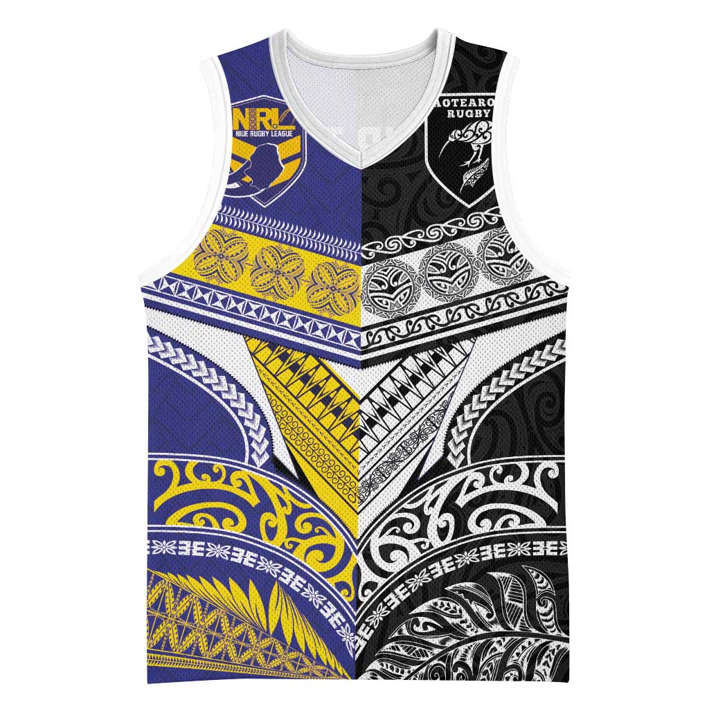 Custom Rugby Niue and Aotearoa Basketball Jersey Hiapo with Maori Moko Tribal Heritage Tattoos - Polynesian Pride