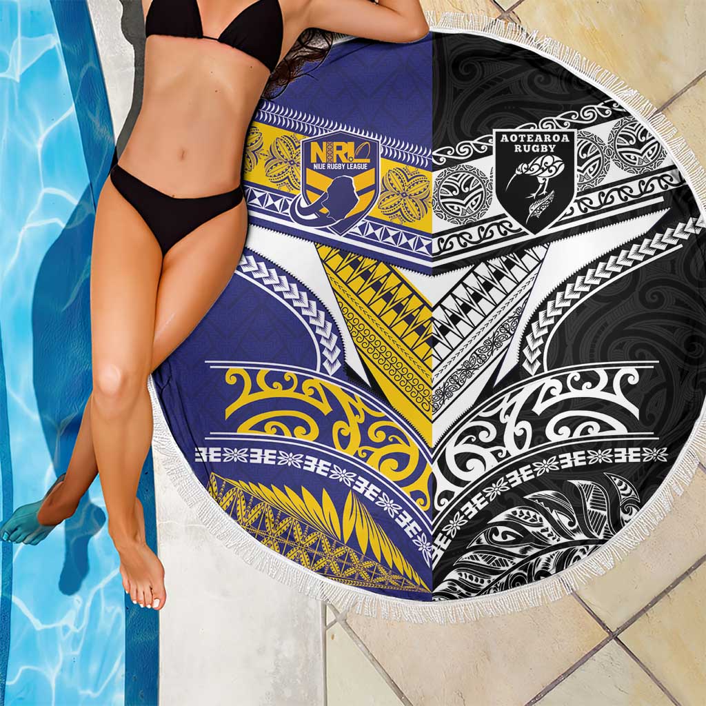 Rugby Niue and Aotearoa Beach Blanket Hiapo with Maori Moko Tribal Heritage Tattoos - Polynesian Pride