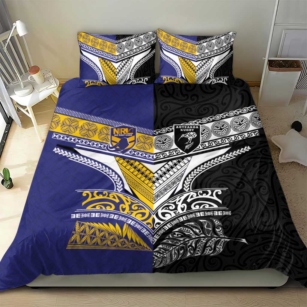 Rugby Niue and Aotearoa Bedding Set Hiapo with Maori Moko Tribal Heritage Tattoos - Polynesian Pride