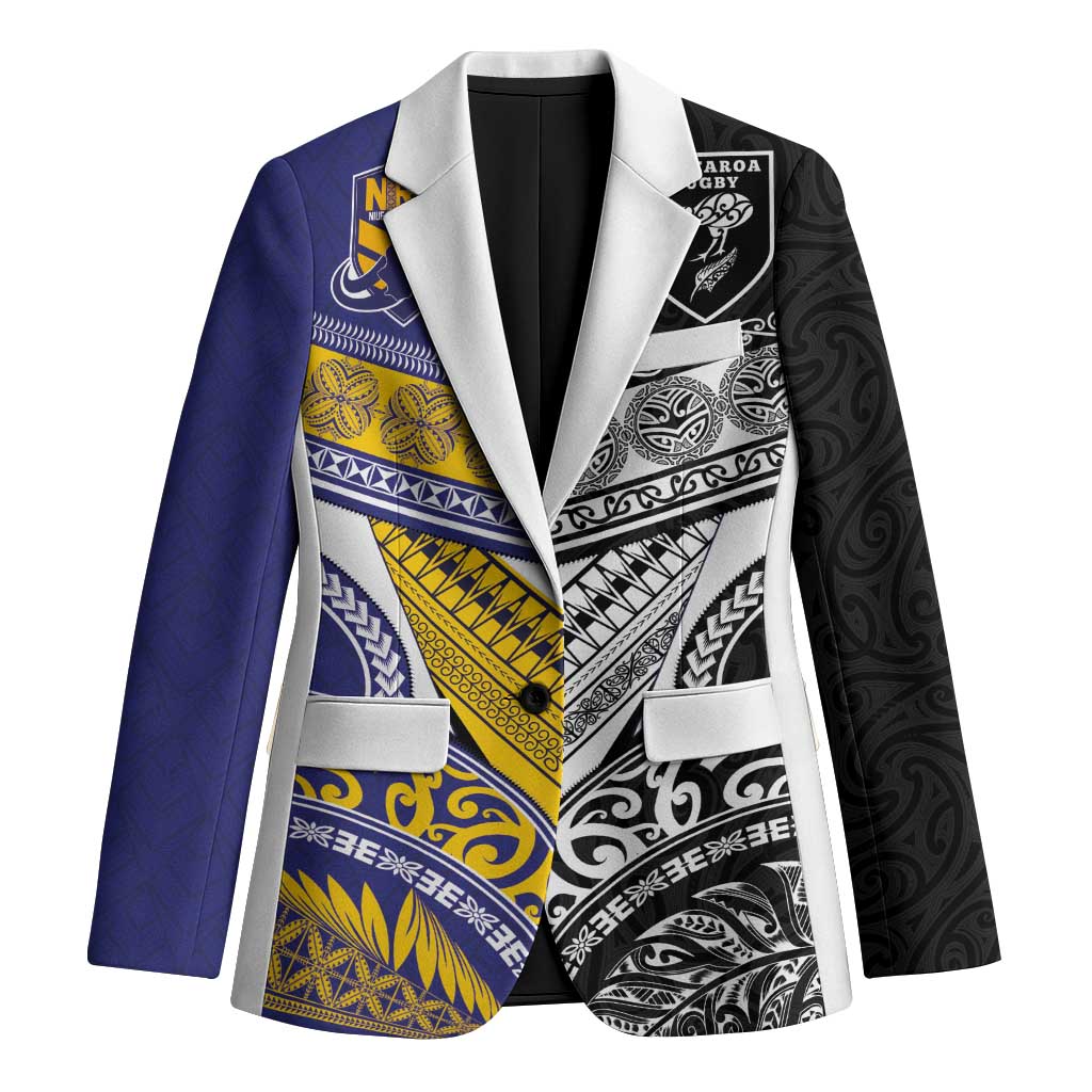 Custom Rugby Niue and Aotearoa Blazer Hiapo with Maori Moko Tribal Heritage Tattoos - Polynesian Pride
