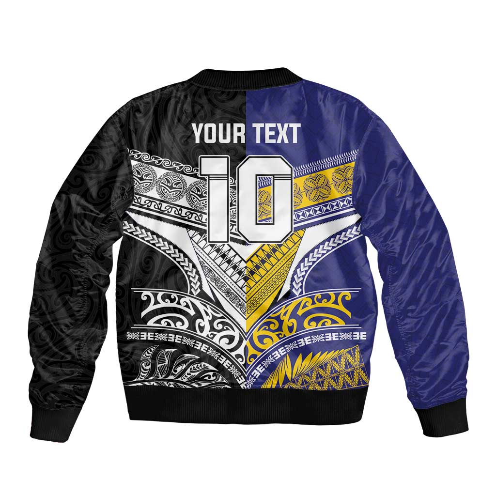 Custom Rugby Niue and Aotearoa Bomber Jacket Hiapo with Maori Moko Tribal Heritage Tattoos - Polynesian Pride