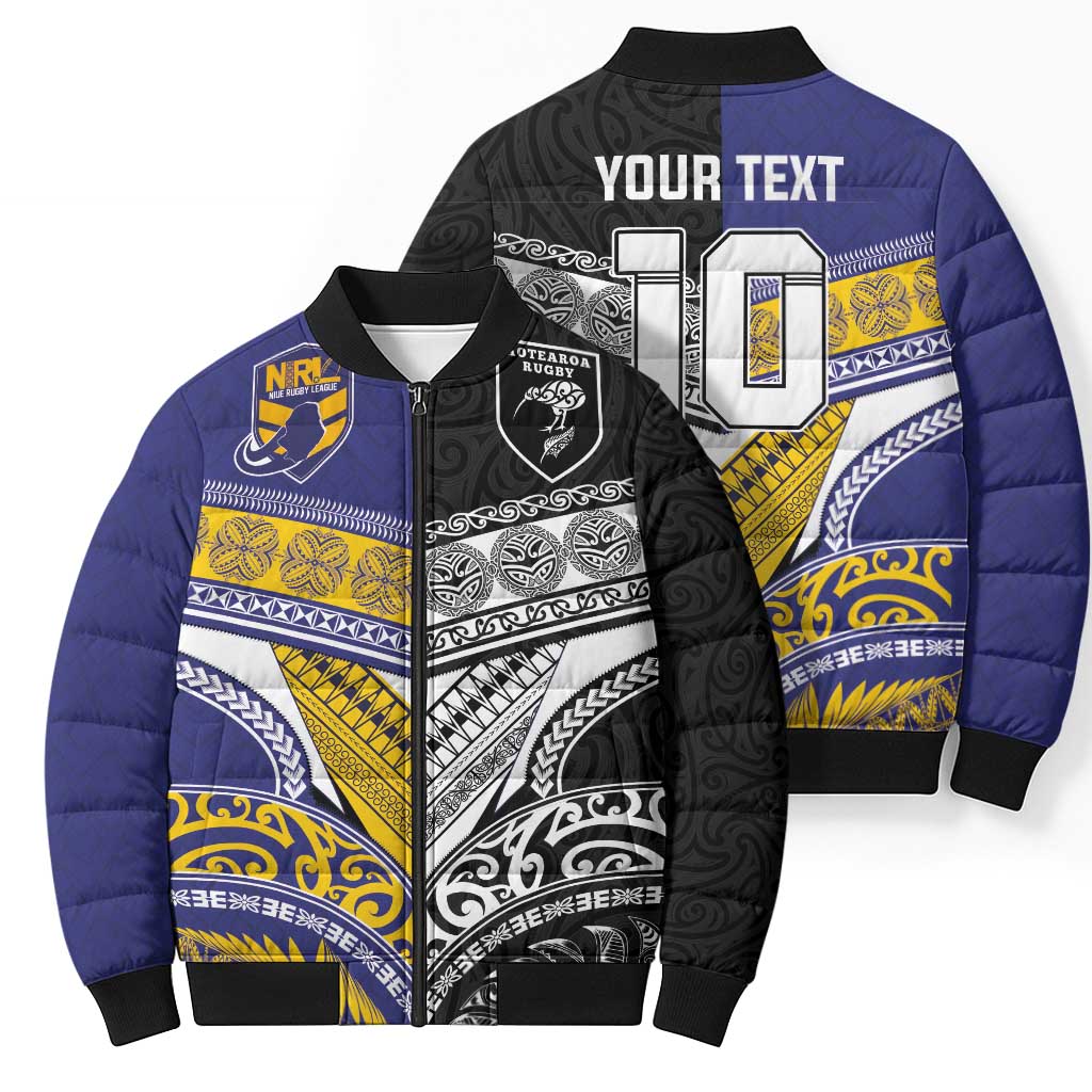 Custom Rugby Niue and Aotearoa Bomber Puffer Jacket Hiapo with Maori Moko Tribal Heritage Tattoos - Polynesian Pride