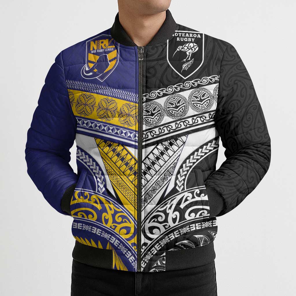 Custom Rugby Niue and Aotearoa Bomber Puffer Jacket Hiapo with Maori Moko Tribal Heritage Tattoos - Polynesian Pride