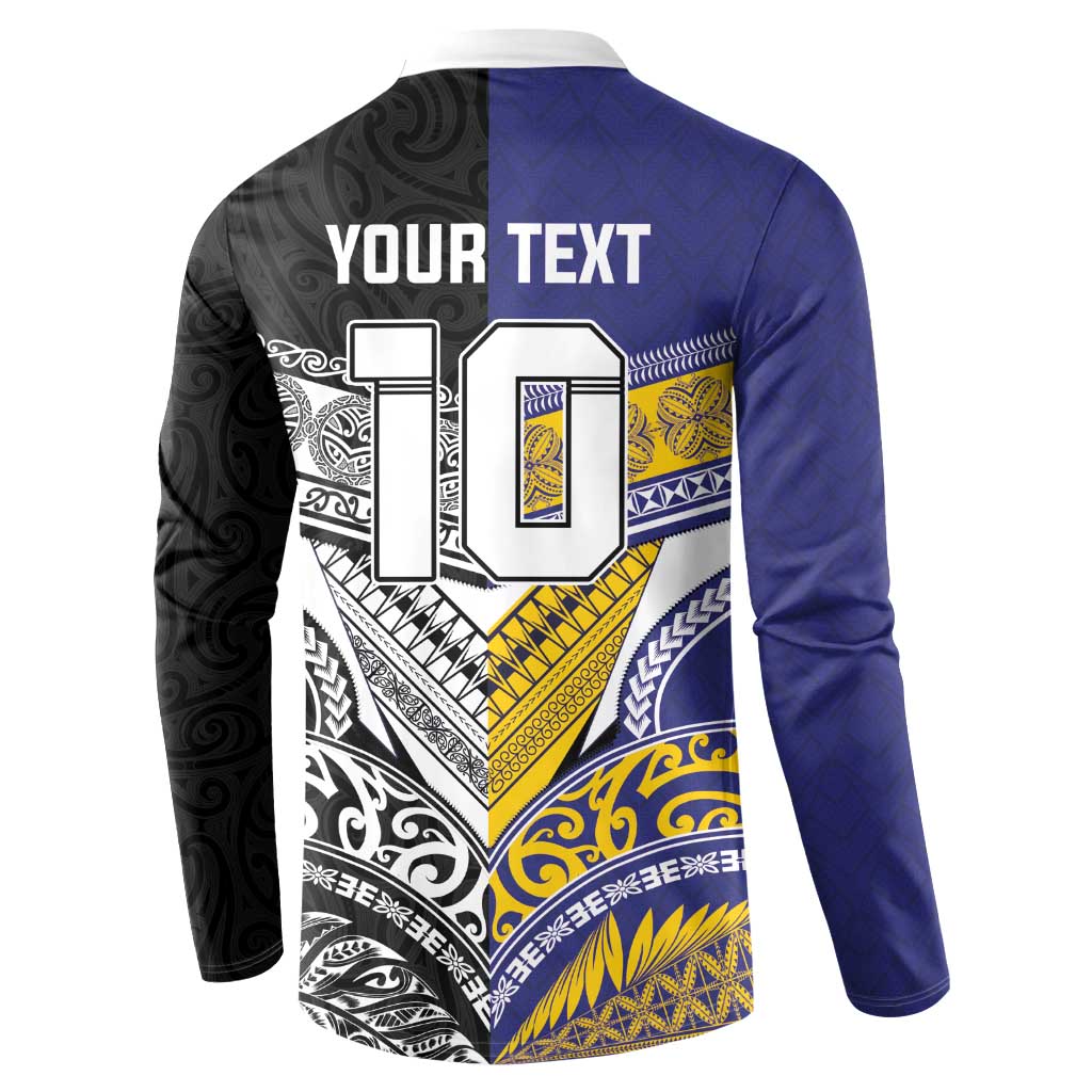 Custom Rugby Niue and Aotearoa Button Sweatshirt Hiapo with Maori Moko Tribal Heritage Tattoos - Polynesian Pride