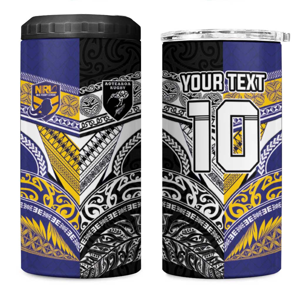 Custom Rugby Niue and Aotearoa 4 in 1 Can Cooler Tumbler Hiapo with Maori Moko Tribal Heritage Tattoos - Polynesian Pride