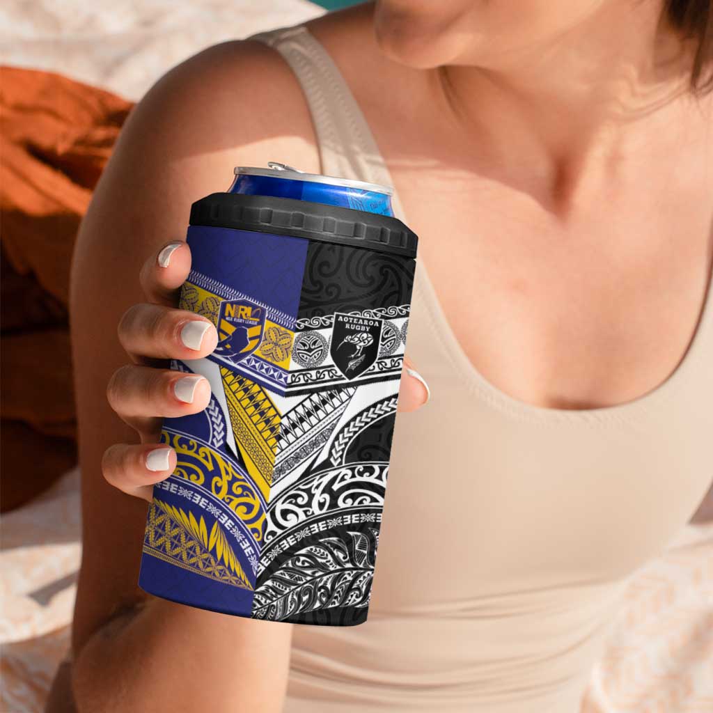 Custom Rugby Niue and Aotearoa 4 in 1 Can Cooler Tumbler Hiapo with Maori Moko Tribal Heritage Tattoos - Polynesian Pride