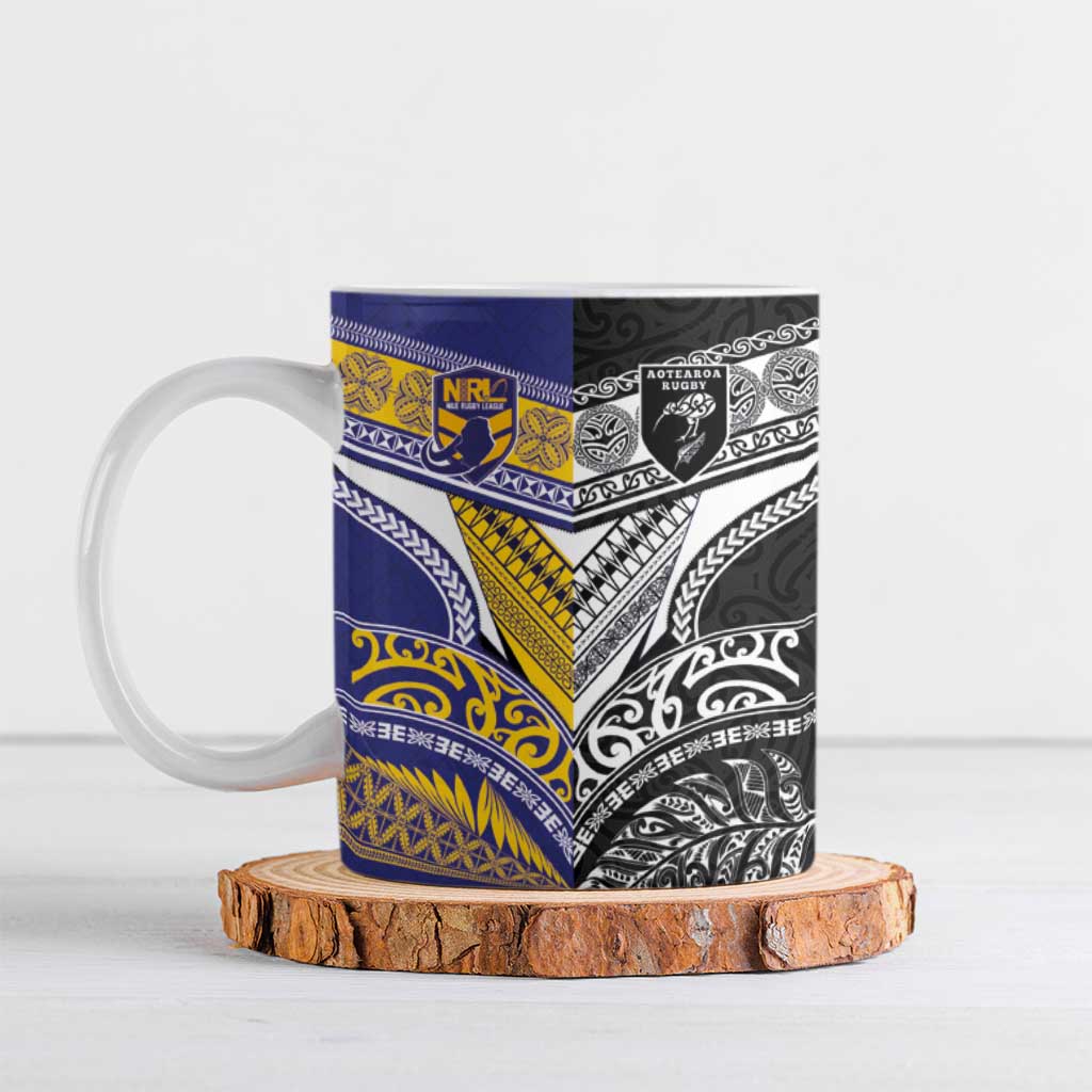 Custom Rugby Niue and Aotearoa Ceramic Mug Hiapo with Maori Moko Tribal Heritage Tattoos - Polynesian Pride