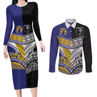 Custom Rugby Niue and Aotearoa Couples Matching Long Sleeve Bodycon Dress and Long Sleeve Button Shirt Hiapo with Maori Moko Tribal Heritage Tattoos - Polynesian Pride
