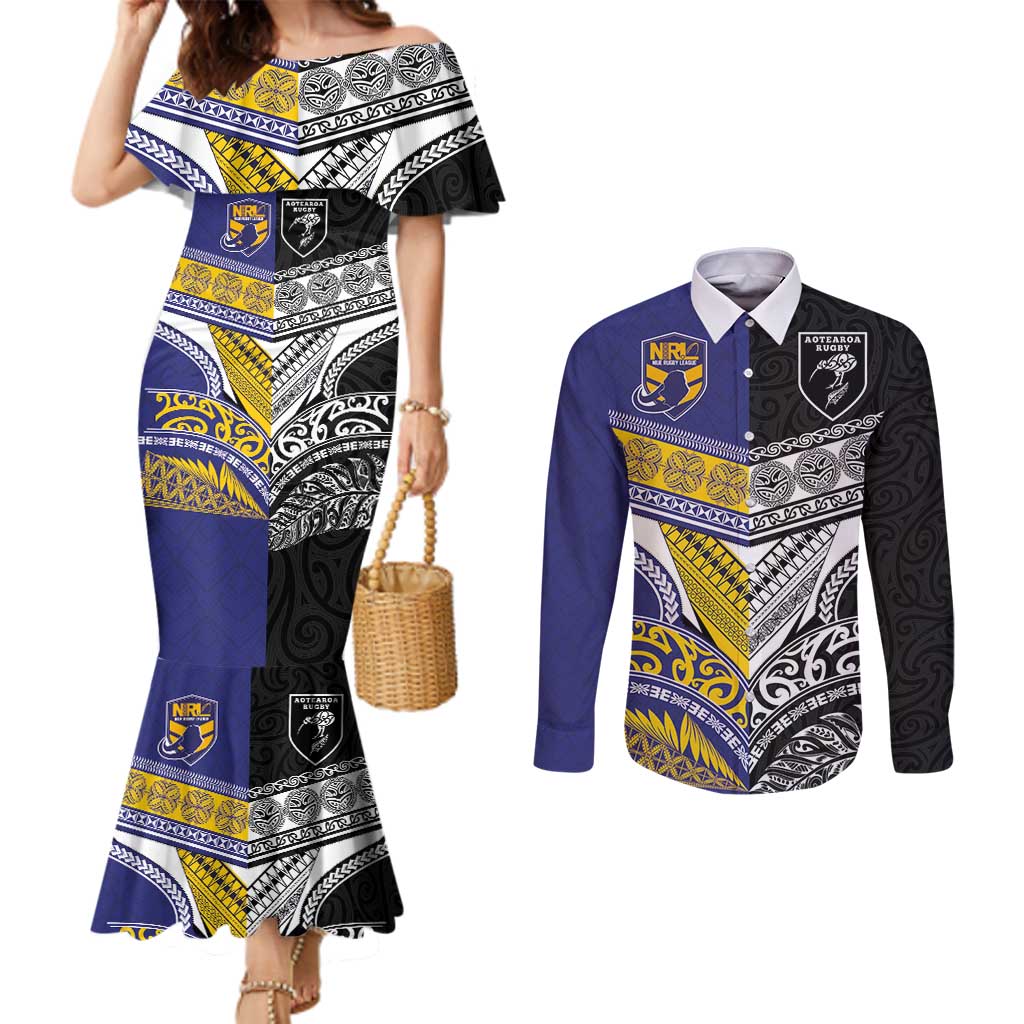 Custom Rugby Niue and Aotearoa Couples Matching Mermaid Dress and Long Sleeve Button Shirt Hiapo with Maori Moko Tribal Heritage Tattoos - Polynesian Pride