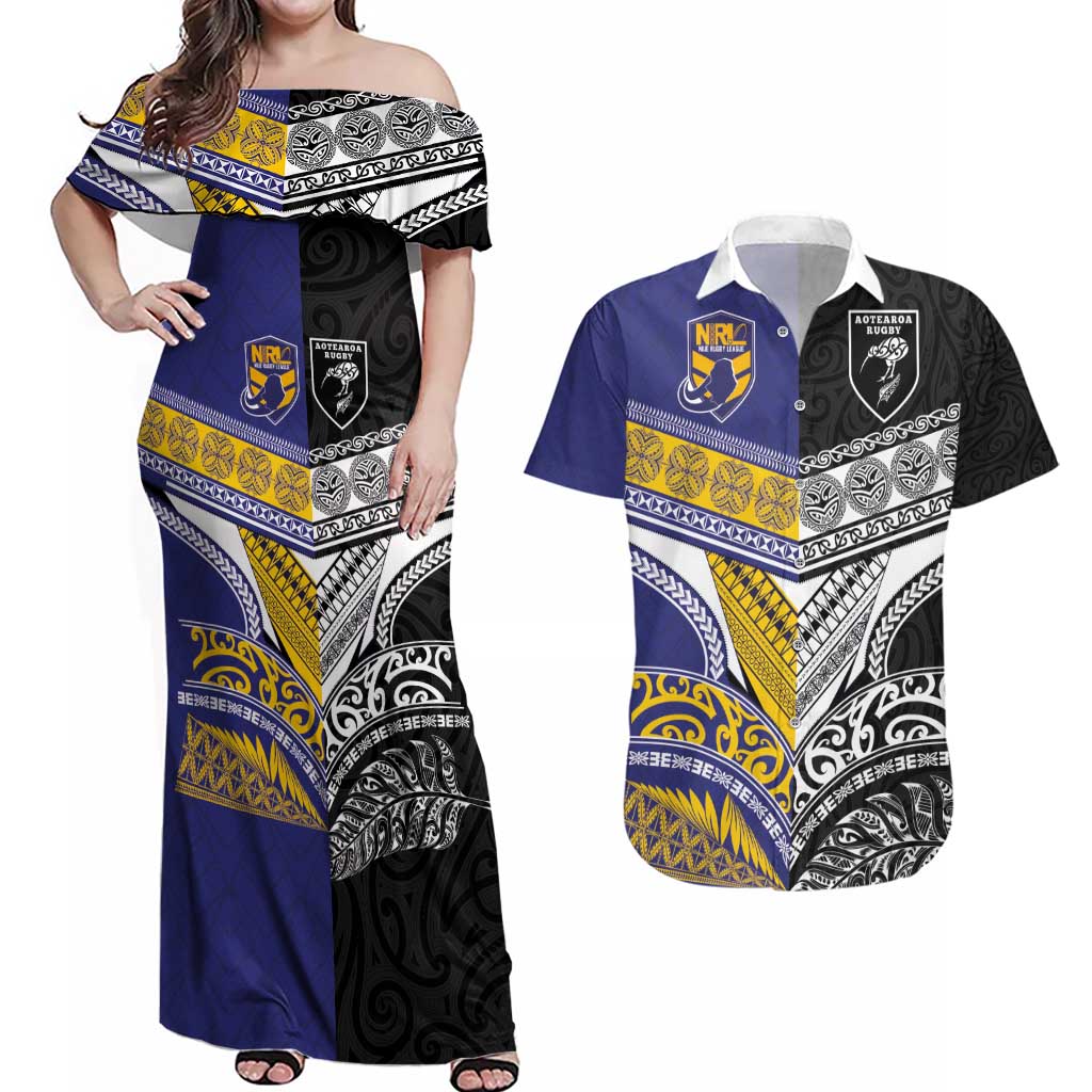 Custom Rugby Niue and Aotearoa Couples Matching Off Shoulder Maxi Dress and Hawaiian Shirt Hiapo with Maori Moko Tribal Heritage Tattoos - Polynesian Pride