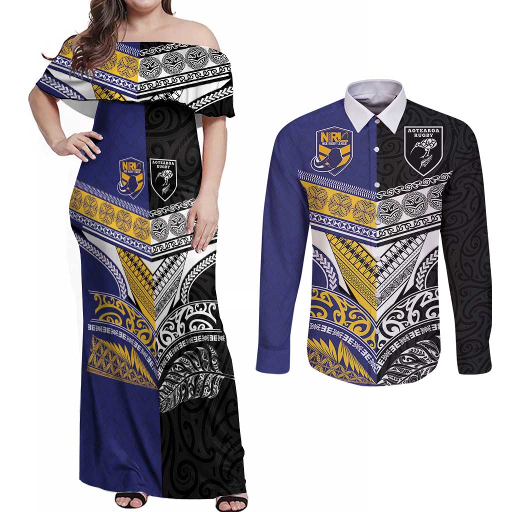 Custom Rugby Niue and Aotearoa Couples Matching Off Shoulder Maxi Dress and Long Sleeve Button Shirt Hiapo with Maori Moko Tribal Heritage Tattoos - Polynesian Pride