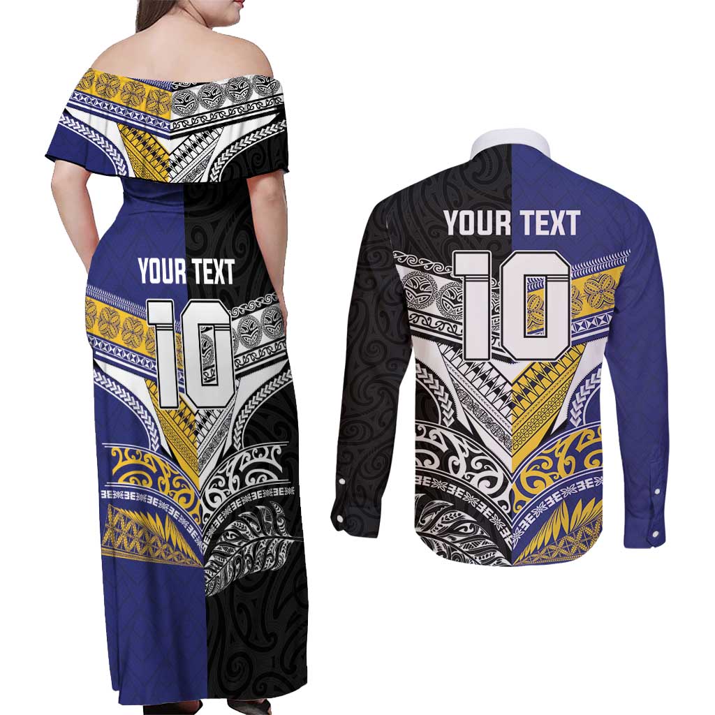 Custom Rugby Niue and Aotearoa Couples Matching Off Shoulder Maxi Dress and Long Sleeve Button Shirt Hiapo with Maori Moko Tribal Heritage Tattoos - Polynesian Pride