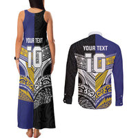 Custom Rugby Niue and Aotearoa Couples Matching Tank Maxi Dress and Long Sleeve Button Shirt Hiapo with Maori Moko Tribal Heritage Tattoos - Polynesian Pride