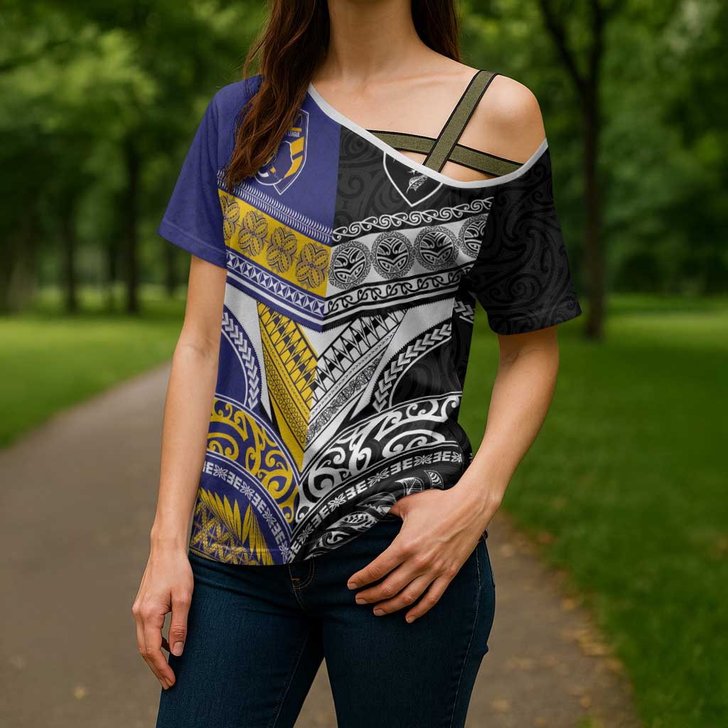 Custom Rugby Niue and Aotearoa Cross Shoulder Shirt Hiapo with Maori Moko Tribal Heritage Tattoos - Polynesian Pride
