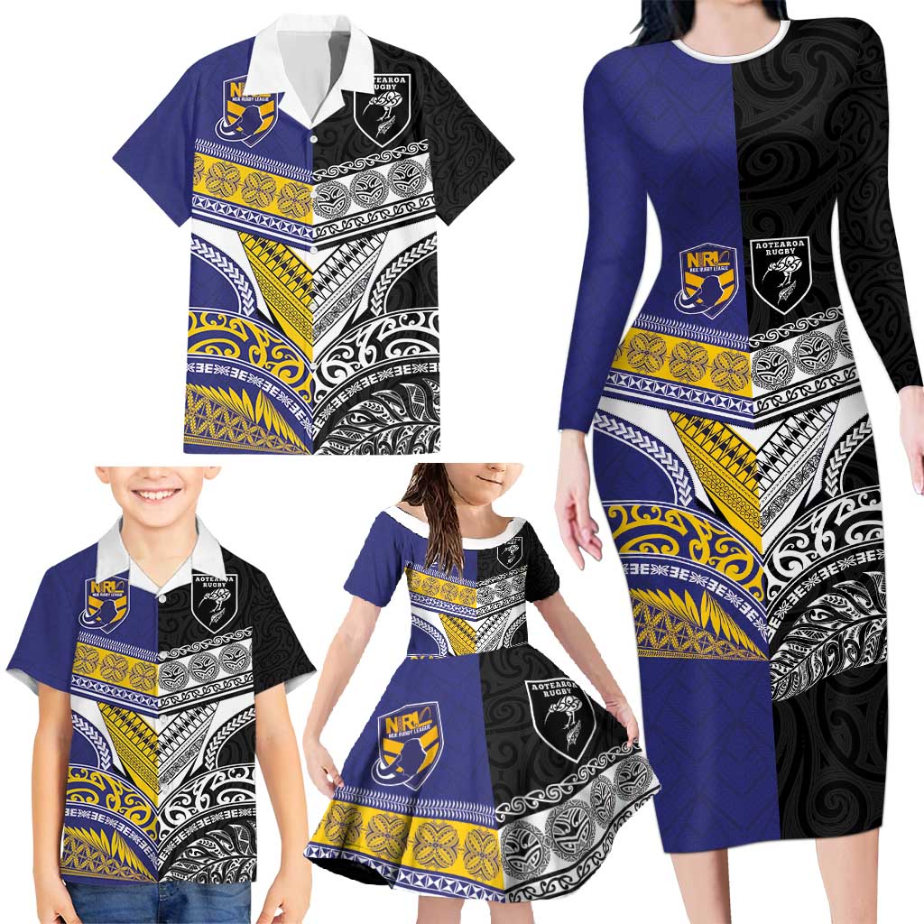 Custom Rugby Niue and Aotearoa Family Matching Long Sleeve Bodycon Dress and Hawaiian Shirt Hiapo with Maori Moko Tribal Heritage Tattoos - Polynesian Pride