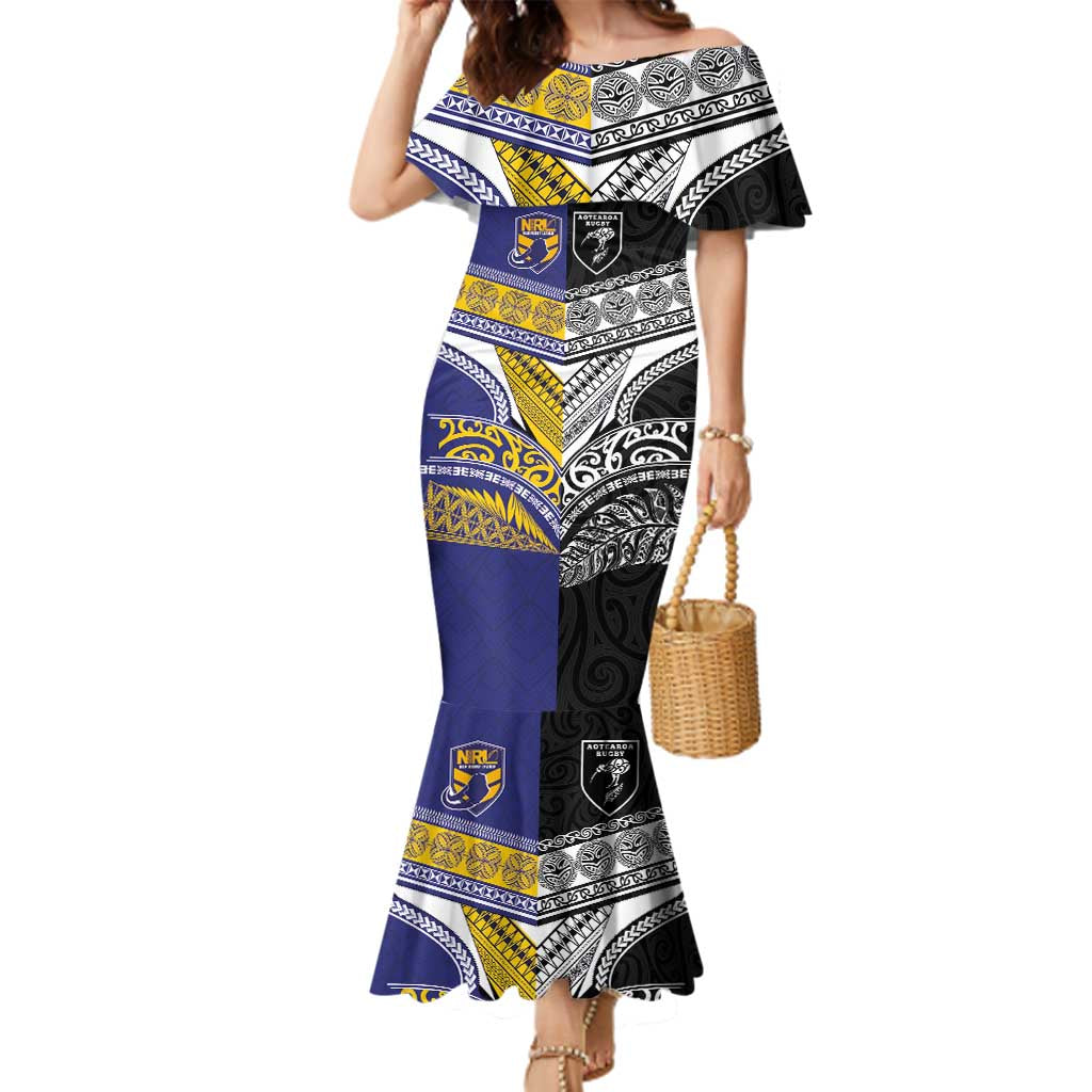 Custom Rugby Niue and Aotearoa Family Matching Mermaid Dress and Hawaiian Shirt Hiapo with Maori Moko Tribal Heritage Tattoos - Polynesian Pride