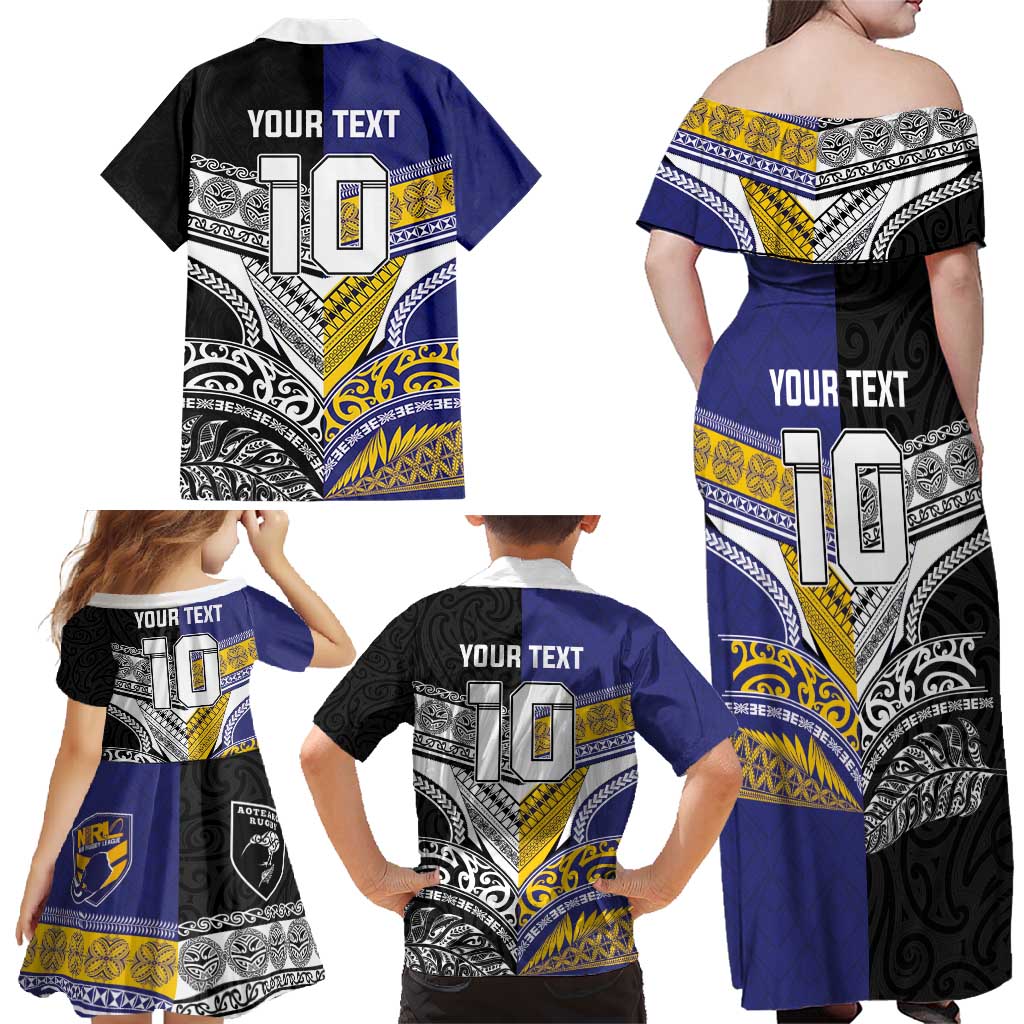Custom Rugby Niue and Aotearoa Family Matching Off Shoulder Maxi Dress and Hawaiian Shirt Hiapo with Maori Moko Tribal Heritage Tattoos - Polynesian Pride