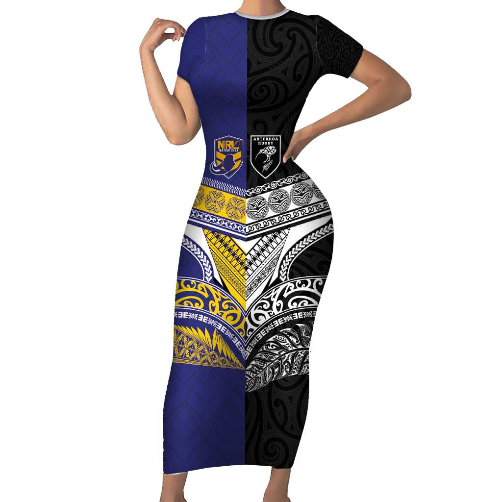 Custom Rugby Niue and Aotearoa Family Matching Short Sleeve Bodycon Dress and Hawaiian Shirt Hiapo with Maori Moko Tribal Heritage Tattoos - Polynesian Pride