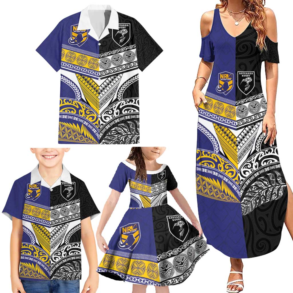 Custom Rugby Niue and Aotearoa Family Matching Summer Maxi Dress and Hawaiian Shirt Hiapo with Maori Moko Tribal Heritage Tattoos - Polynesian Pride
