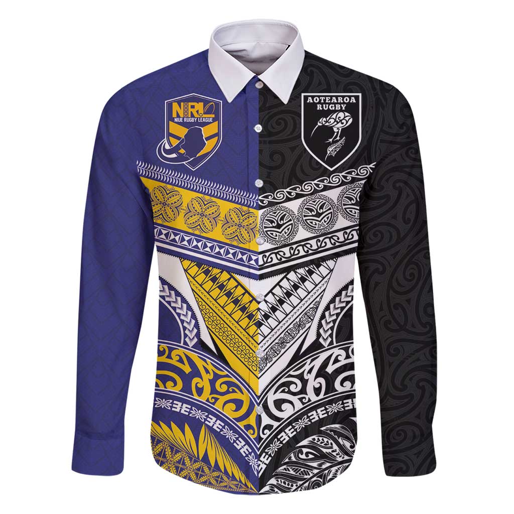 Custom Rugby Niue and Aotearoa Family Matching Summer Maxi Dress and Hawaiian Shirt Hiapo with Maori Moko Tribal Heritage Tattoos - Polynesian Pride