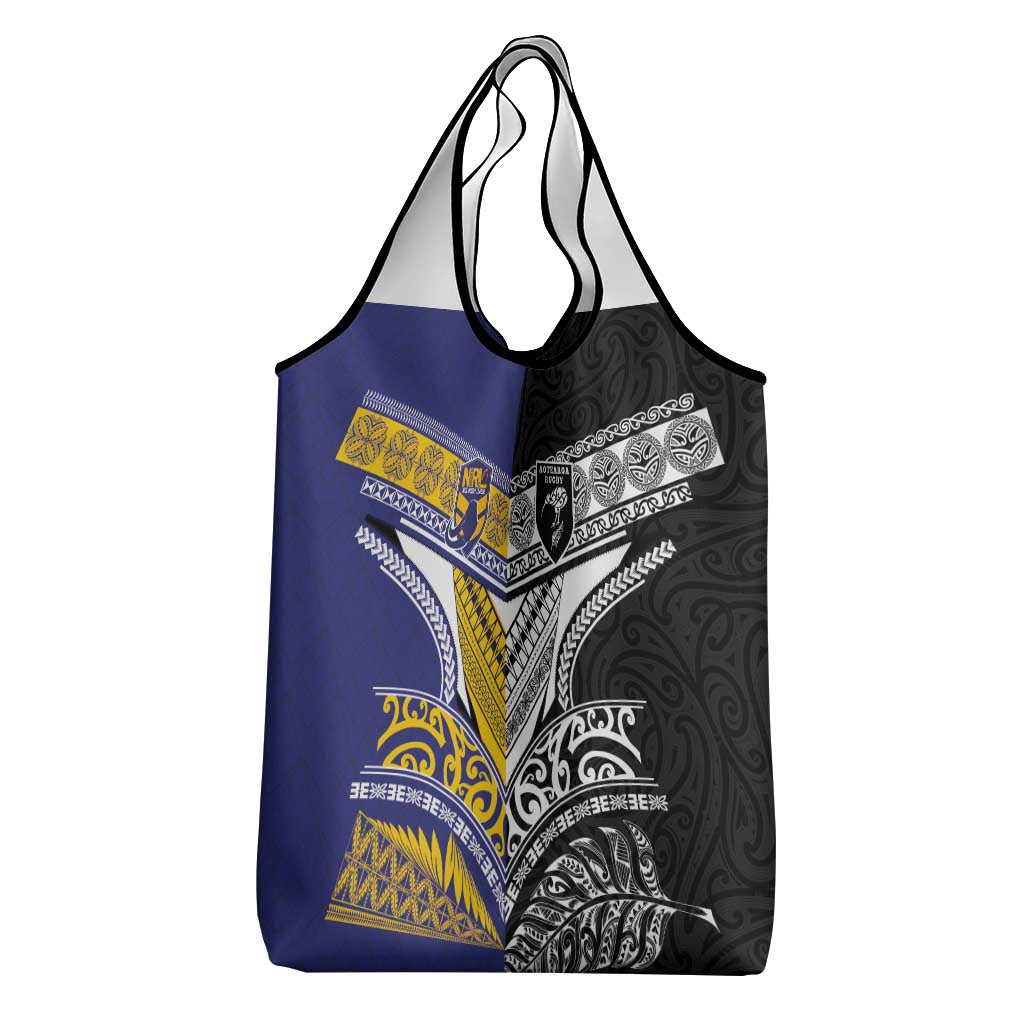 Rugby Niue and Aotearoa Grocery Bag Hiapo with Maori Moko Tribal Heritage Tattoos - Polynesian Pride