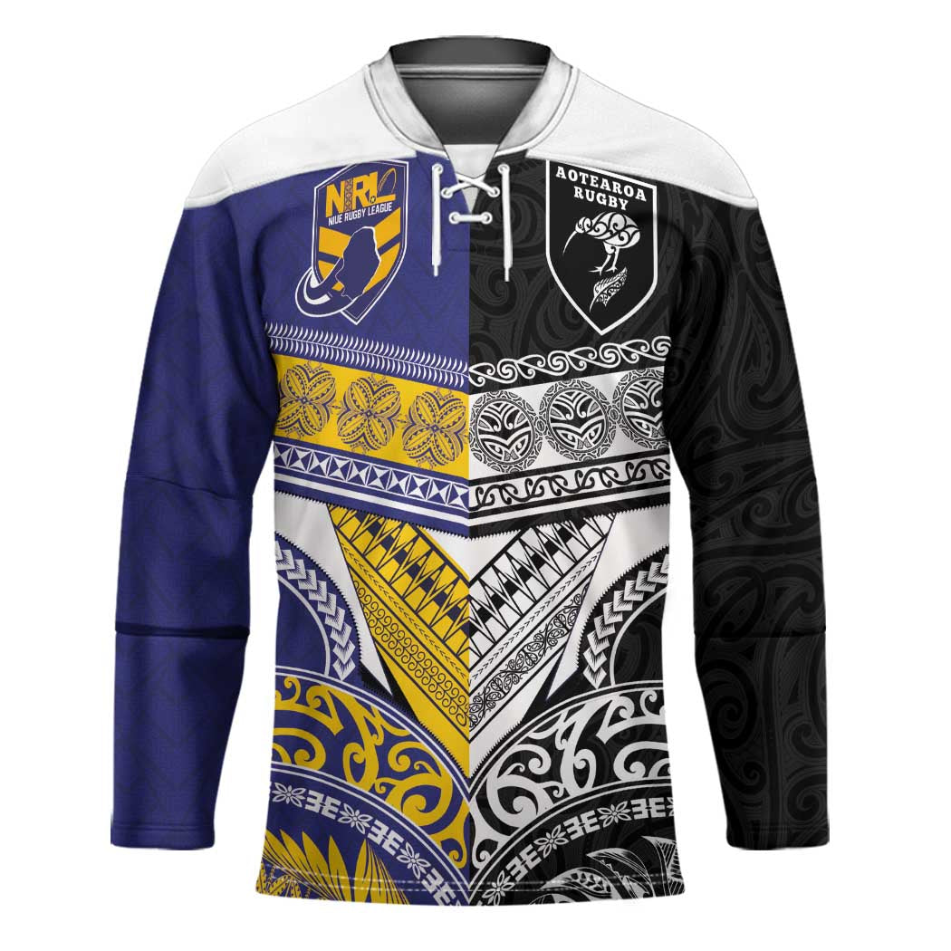 Custom Rugby Niue and Aotearoa Hockey Jersey Hiapo with Maori Moko Tribal Heritage Tattoos - Polynesian Pride