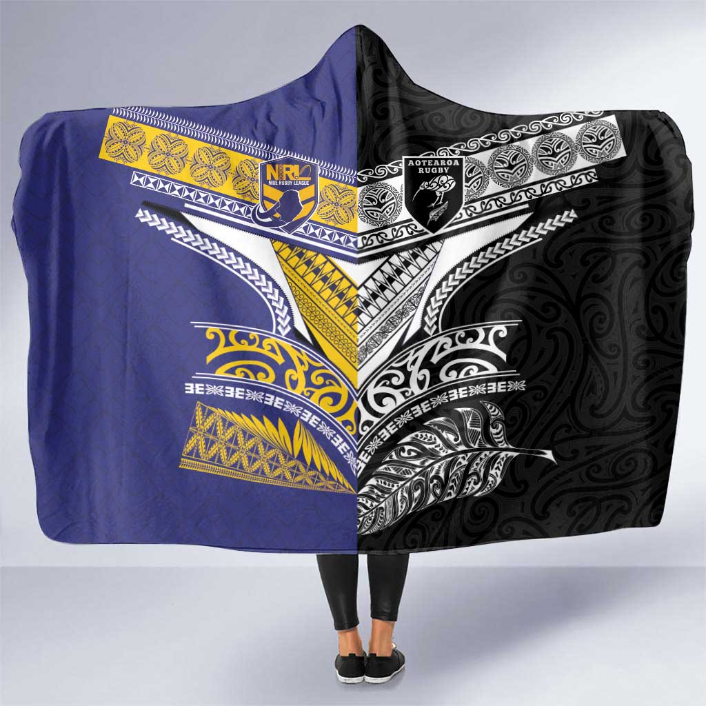 Rugby Niue and Aotearoa Hooded Blanket Hiapo with Maori Moko Tribal Heritage Tattoos - Polynesian Pride