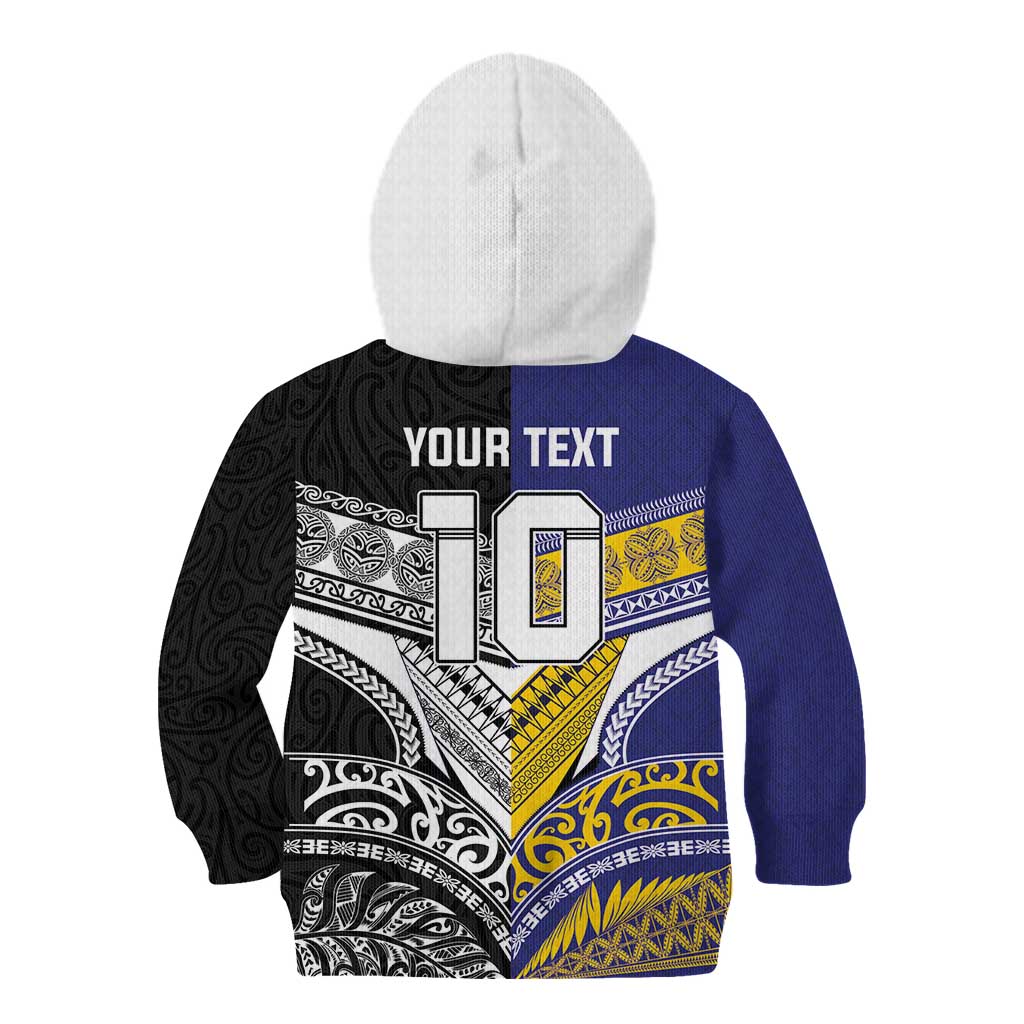 Custom Rugby Niue and Aotearoa Kid Hoodie Hiapo with Maori Moko Tribal Heritage Tattoos - Polynesian Pride