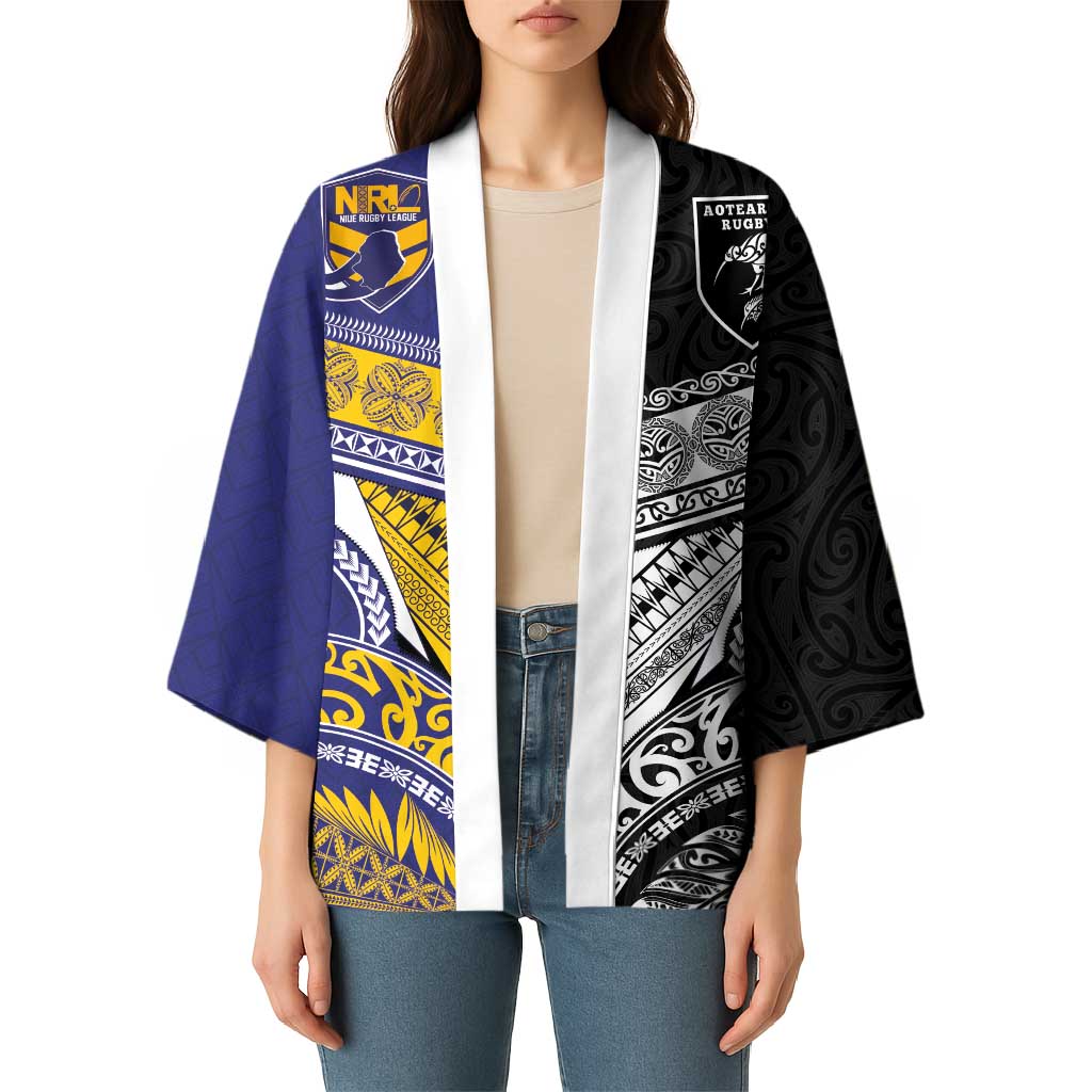 Custom Rugby Niue and Aotearoa Kimono Hiapo with Maori Moko Tribal Heritage Tattoos - Polynesian Pride