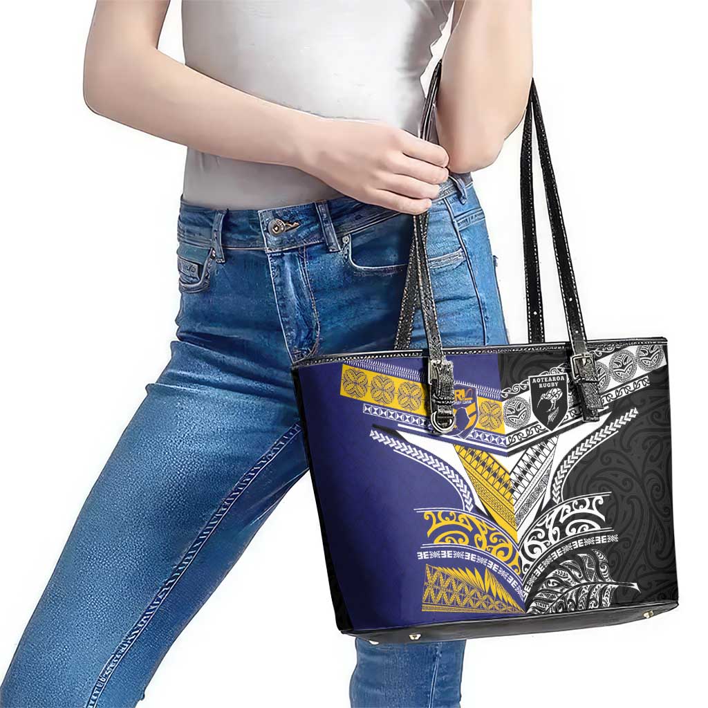 Rugby Niue and Aotearoa Leather Tote Bag Hiapo with Maori Moko Tribal Heritage Tattoos - Polynesian Pride