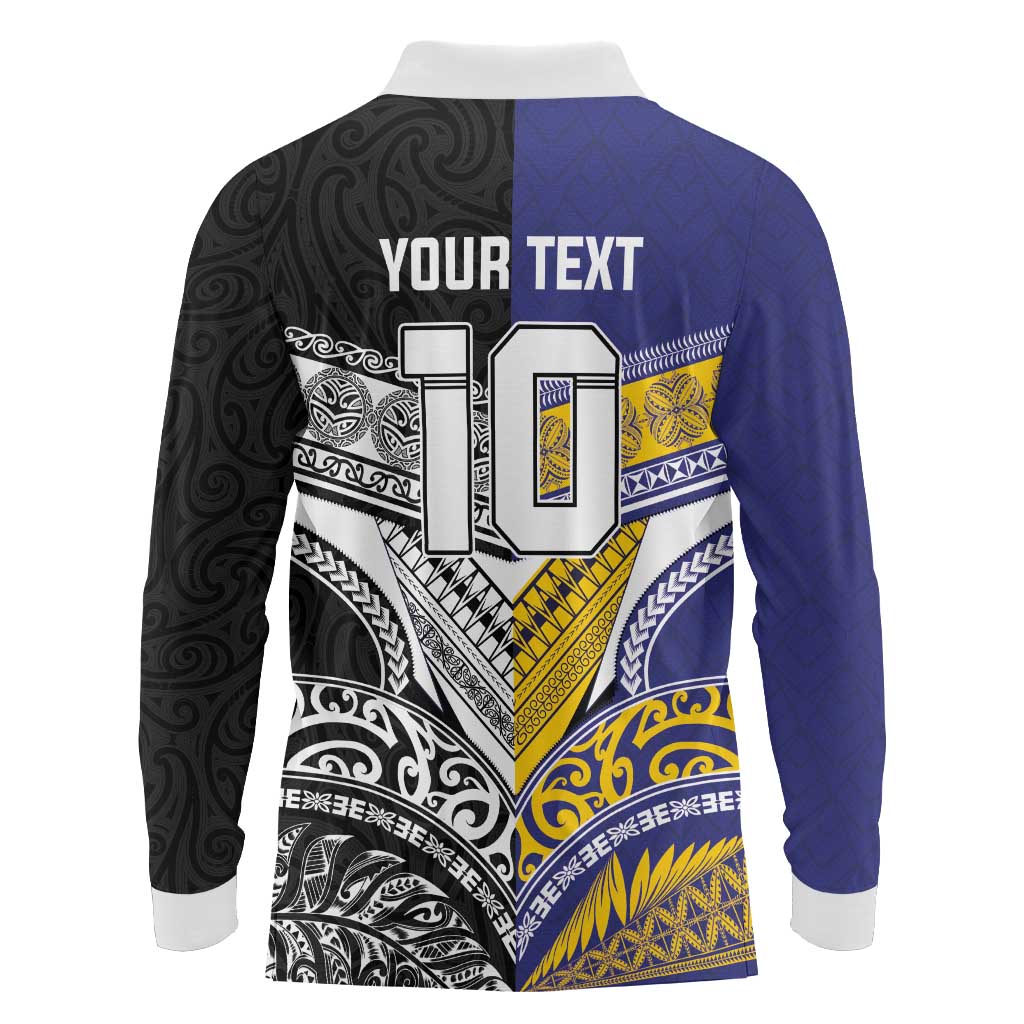 Custom Rugby Niue and Aotearoa Long Sleeve Polo Shirt Hiapo with Maori Moko Tribal Heritage Tattoos - Polynesian Pride