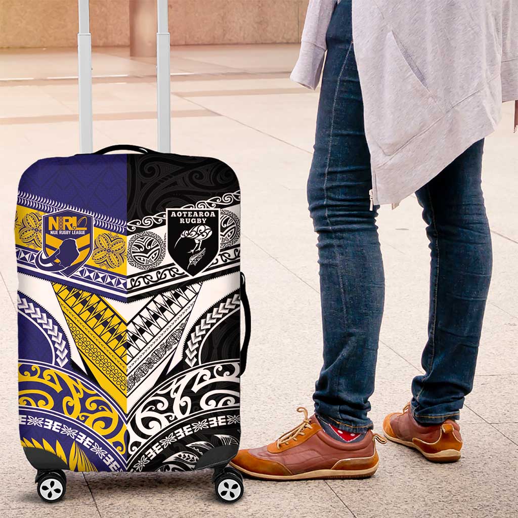Rugby Niue and Aotearoa Luggage Cover Hiapo with Maori Moko Tribal Heritage Tattoos - Polynesian Pride