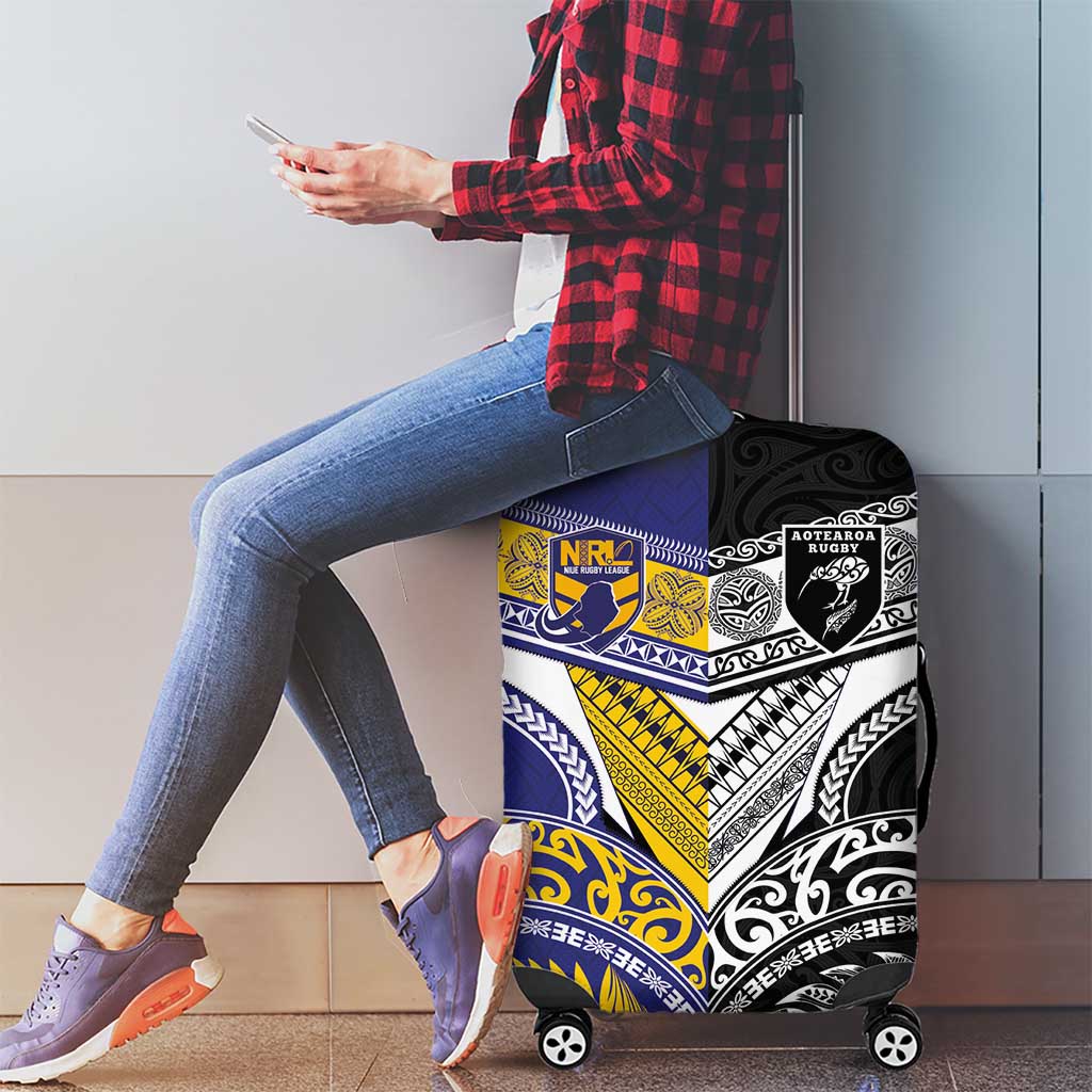 Rugby Niue and Aotearoa Luggage Cover Hiapo with Maori Moko Tribal Heritage Tattoos - Polynesian Pride