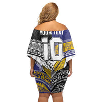Custom Rugby Niue and Aotearoa Off Shoulder Short Dress Hiapo with Maori Moko Tribal Heritage Tattoos - Polynesian Pride