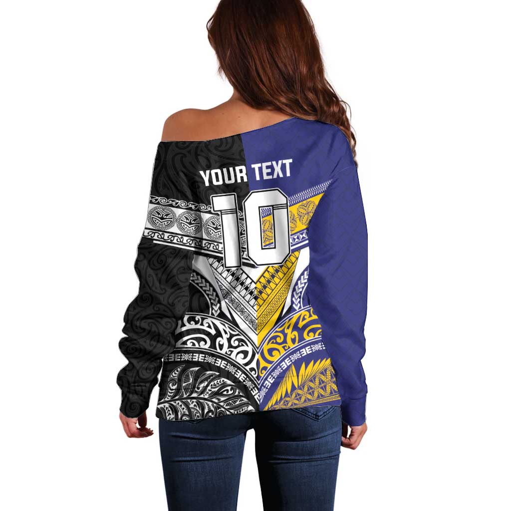 Custom Rugby Niue and Aotearoa Off Shoulder Sweater Hiapo with Maori Moko Tribal Heritage Tattoos - Polynesian Pride