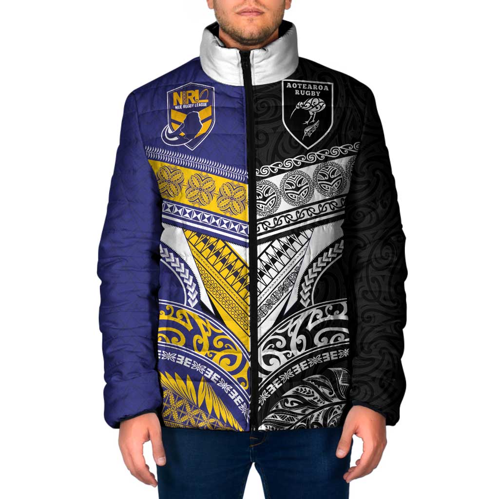 Custom Rugby Niue and Aotearoa Padded Jacket Hiapo with Maori Moko Tribal Heritage Tattoos - Polynesian Pride