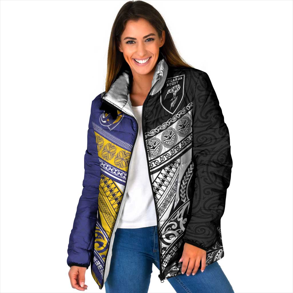 Custom Rugby Niue and Aotearoa Padded Jacket Hiapo with Maori Moko Tribal Heritage Tattoos - Polynesian Pride