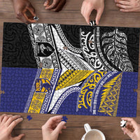 Rugby Niue and Aotearoa Puzzle Hiapo with Maori Moko Tribal Heritage Tattoos - Polynesian Pride