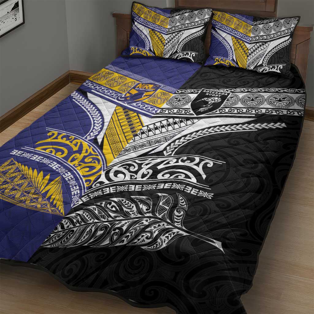 Rugby Niue and Aotearoa Quilt Bed Set Hiapo with Maori Moko Tribal Heritage Tattoos - Polynesian Pride