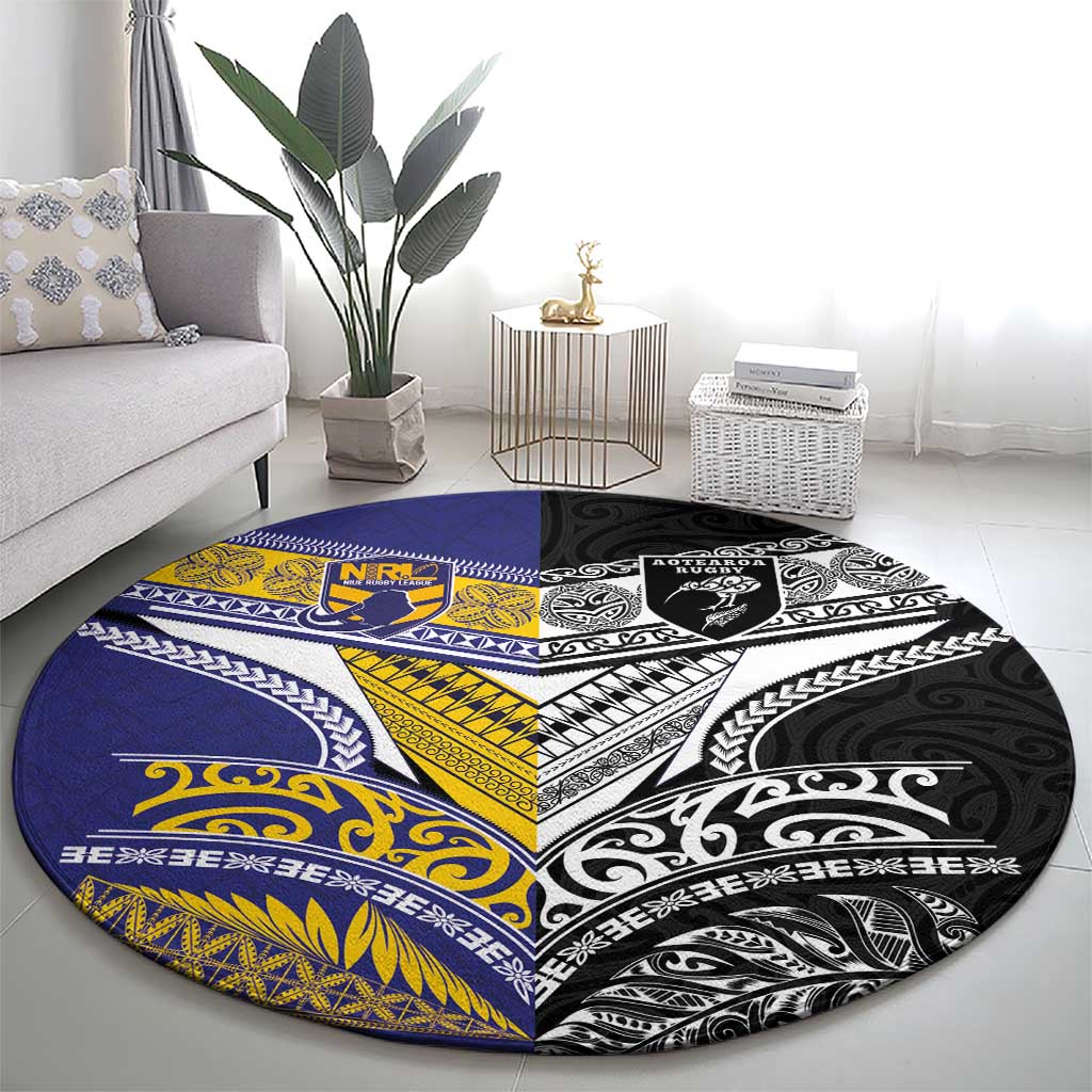 Rugby Niue and Aotearoa Round Carpet Hiapo with Maori Moko Tribal Heritage Tattoos - Polynesian Pride