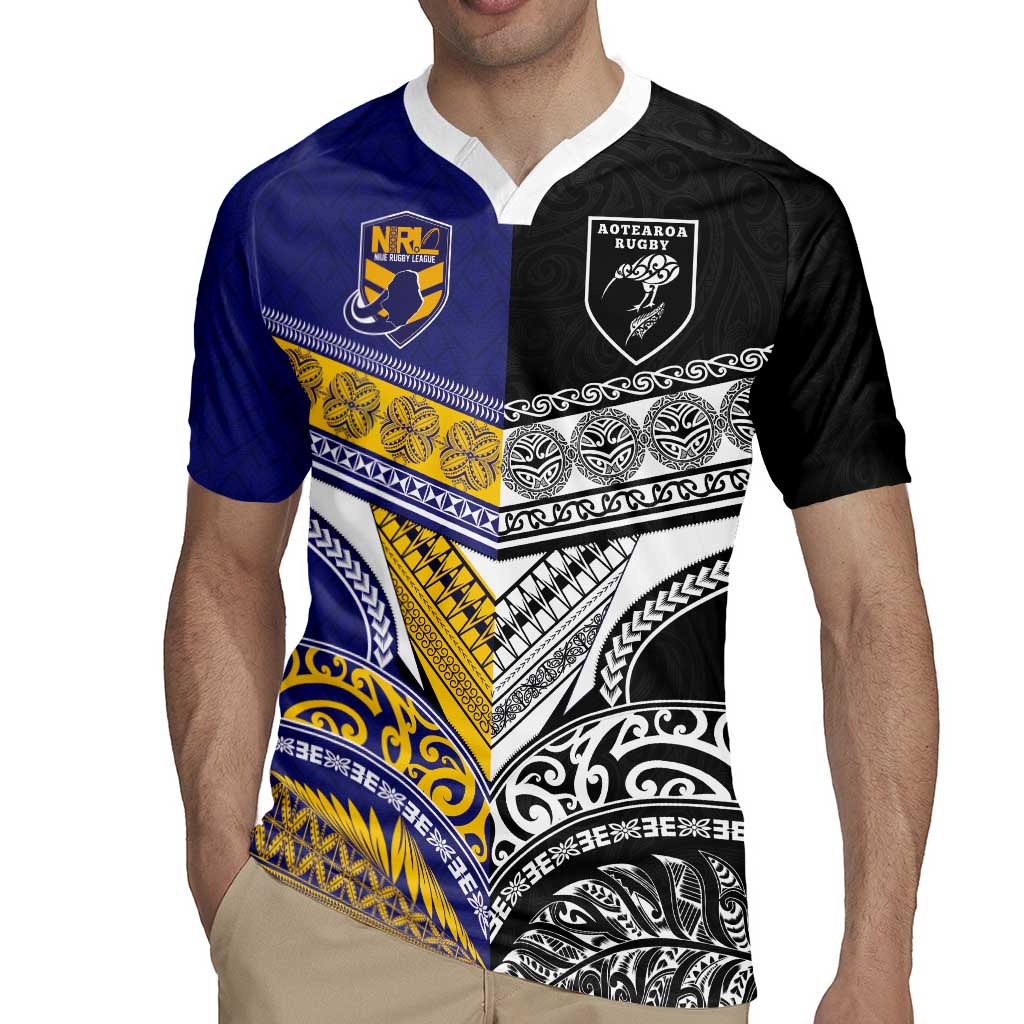Custom Rugby Niue and Aotearoa Rugby Jersey Hiapo with Maori Moko Tribal Heritage Tattoos - Polynesian Pride