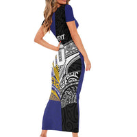 Custom Rugby Niue and Aotearoa Short Sleeve Bodycon Dress Hiapo with Maori Moko Tribal Heritage Tattoos - Polynesian Pride