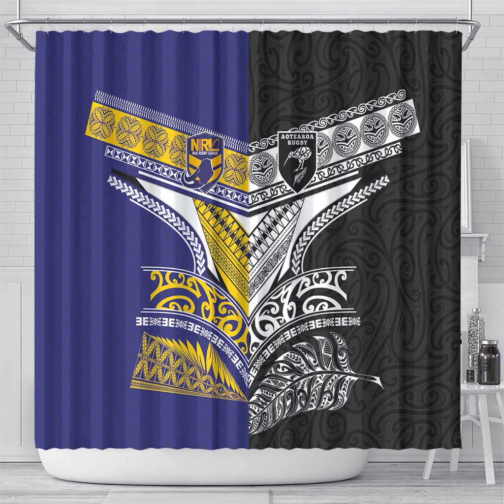 Rugby Niue and Aotearoa Shower Curtain Hiapo with Maori Moko Tribal Heritage Tattoos - Polynesian Pride