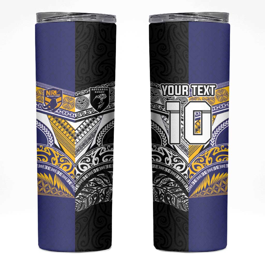 Custom Rugby Niue and Aotearoa Skinny Tumbler Hiapo with Maori Moko Tribal Heritage Tattoos - Polynesian Pride