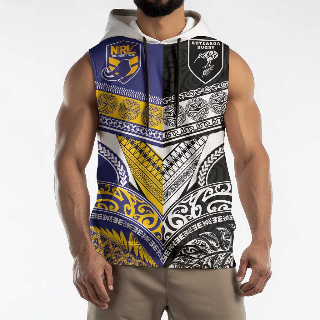 Custom Rugby Niue and Aotearoa Sleeveless Hoodie Hiapo with Maori Moko Tribal Heritage Tattoos - Polynesian Pride